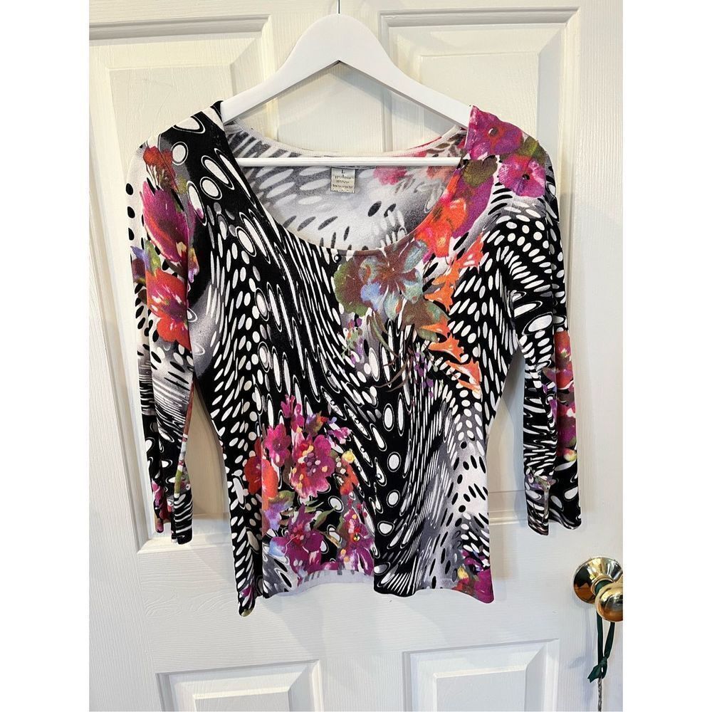 Alberto Makali Black & White w/ Flowers & Embroidery Top Shirt sz L EUC